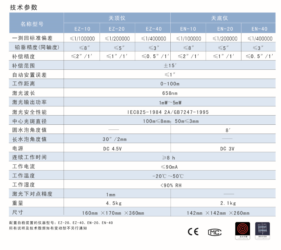 EZ-10、EZ-20、EZ-40激光自動(dòng)安平天頂儀/上垂準(zhǔn)儀技術(shù)參數(shù)